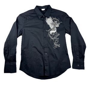 VTG Bizzo Men's Black Rhinestone Graphic  Button down Shirt Made in USA Size XL*